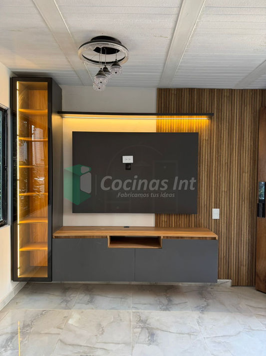 Centro de Entretenimiento en Madera RH con Panel Listonado y Luz LED